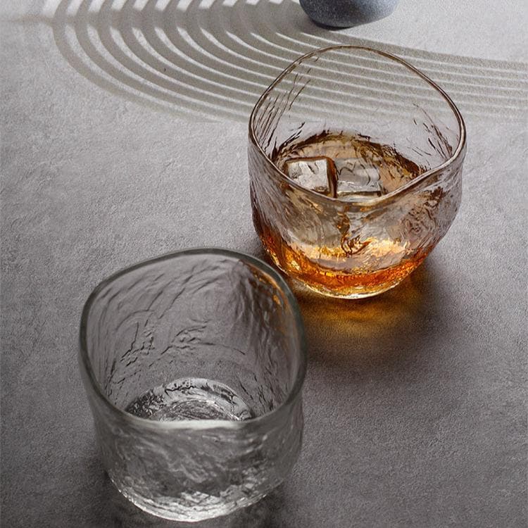Elegant Japanese Style Whiskey Glass with meditation-inspired design, highlighting its unique texture and heat-resistant glass.