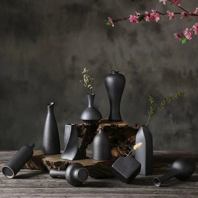 Japanese - Style Black Ceramic Glaze Vase for Timeless Elegance - The UNIX