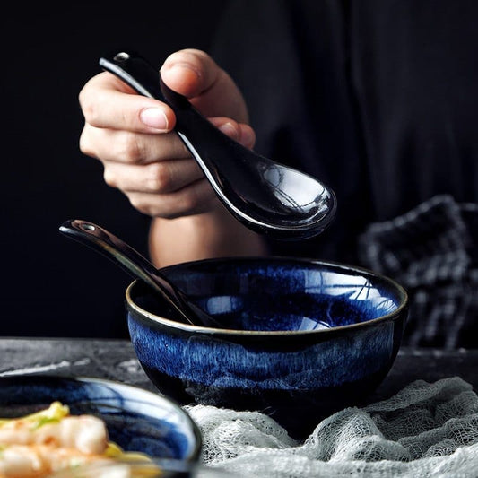 Cat Eye Blue Ceramic Noodle Bowl, Japanese and Korean Style