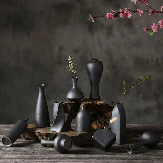 Japanese - Style Black Ceramic Glaze Vase for Timeless Elegance - The UNIX